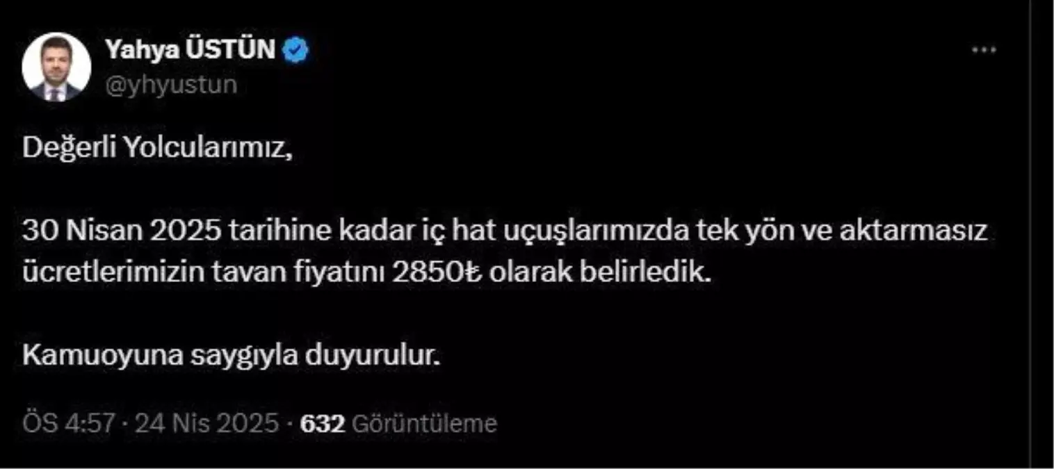 Türk Hava Yolları'ndan Tavan Fiyat Açıklaması