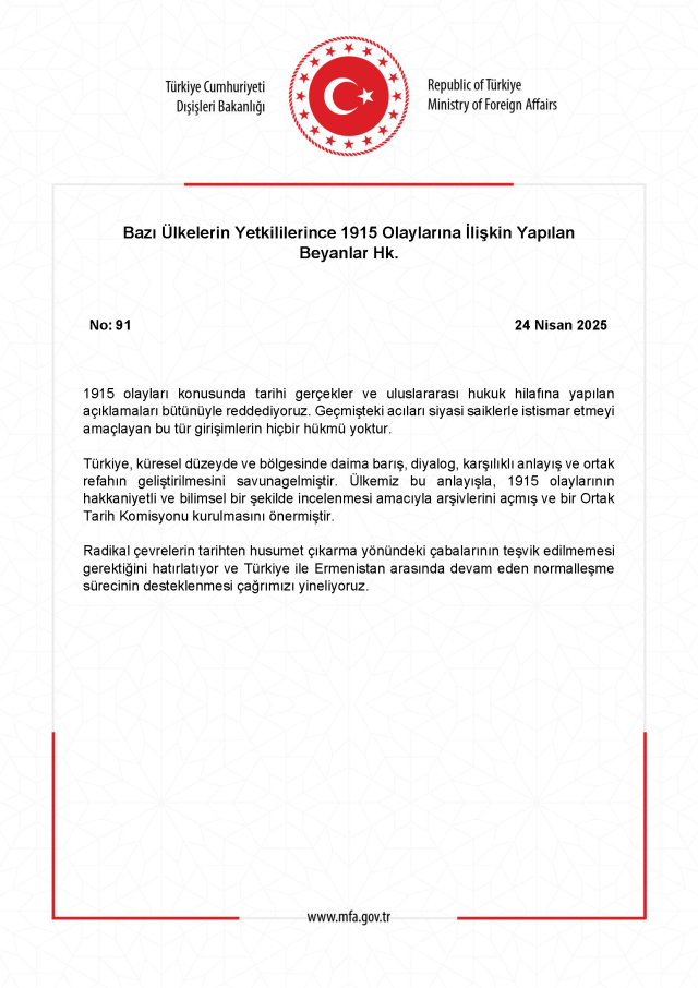 Türkiye'den 1915 provokasyonlarına sert tepki: Hiçbir hükmü yoktur Türkiye'den 1915 provokasyonlarına sert tepki: Hiçbir hükmü yoktur