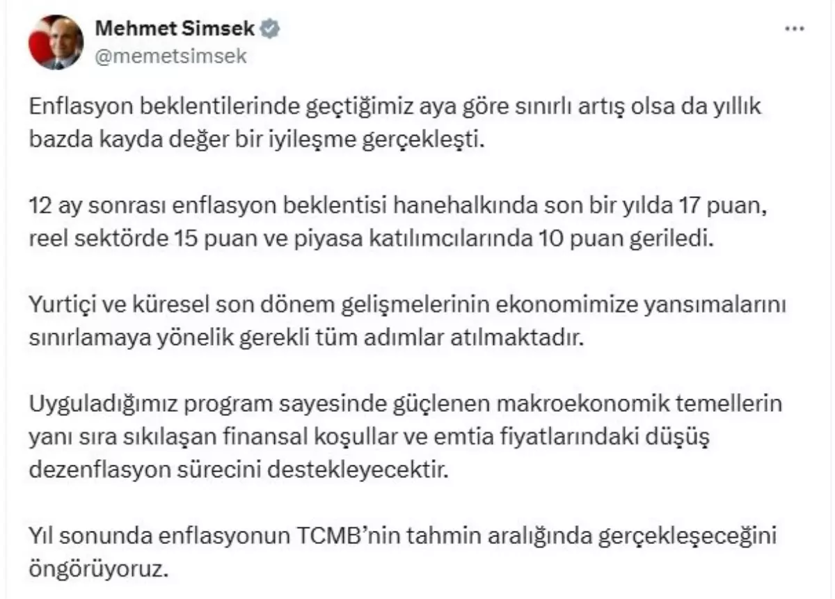Bakan Şimşek: Yıl Sonunda Enflasyon TCMB Tahminlerinde Gerçekleşecek