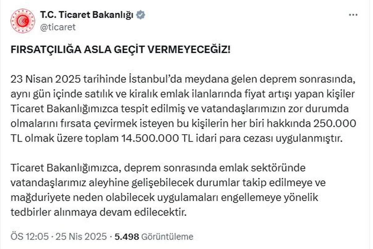 İstanbul Depremi Sonrası Emlak Fiyat Artışına 14.5 Milyon TL Ceza