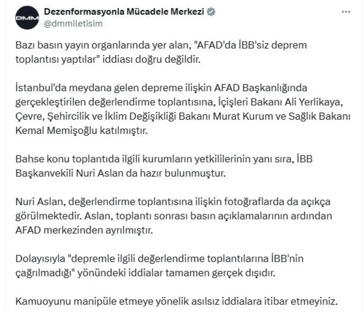 İletişim Başkanlığı'ndan İBB'nin Deprem Toplantısına Katılımı Hakkında Açıklama