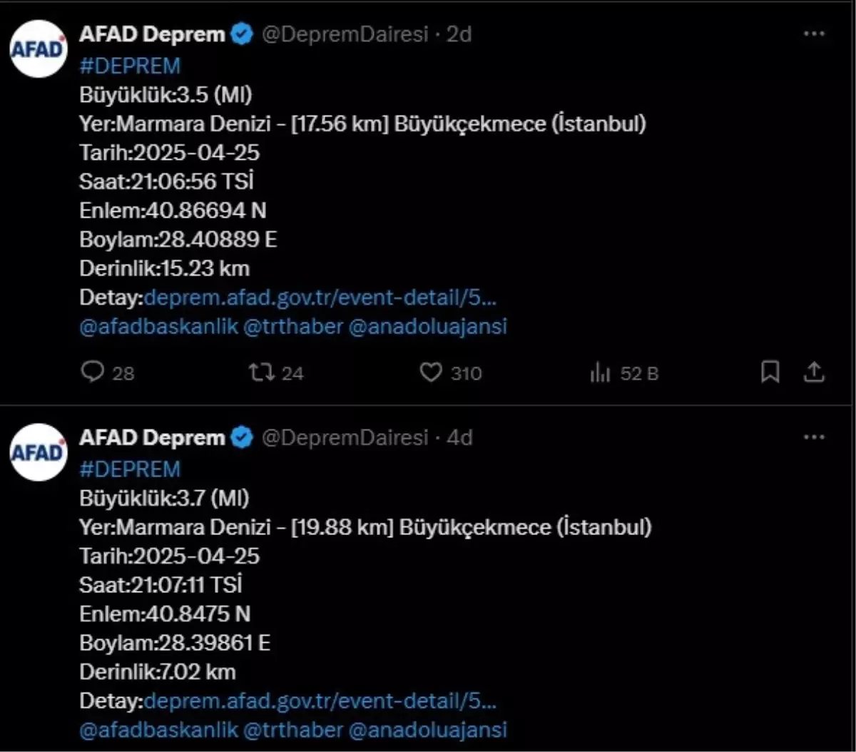 İstanbul'da 1 Dakikada İki Deprem