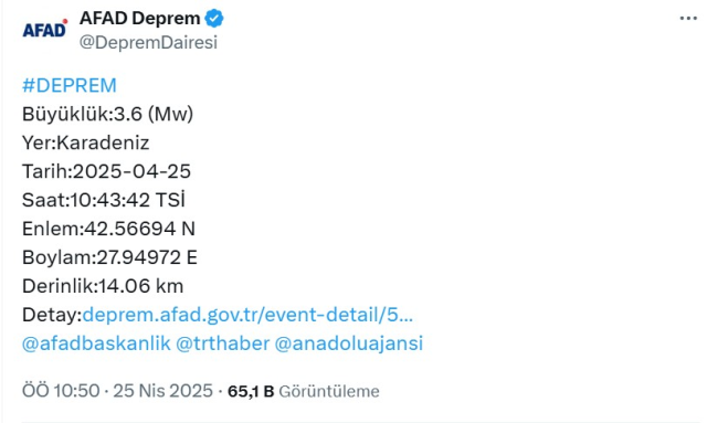 KARADENİZ'DE DEPREM Mİ OLDU SON DAKİKA: 25 Nisan Cuma az önce deprem nerede oldu? Kandilli Rasathanesi ve AFAD güncel deprem listesi!