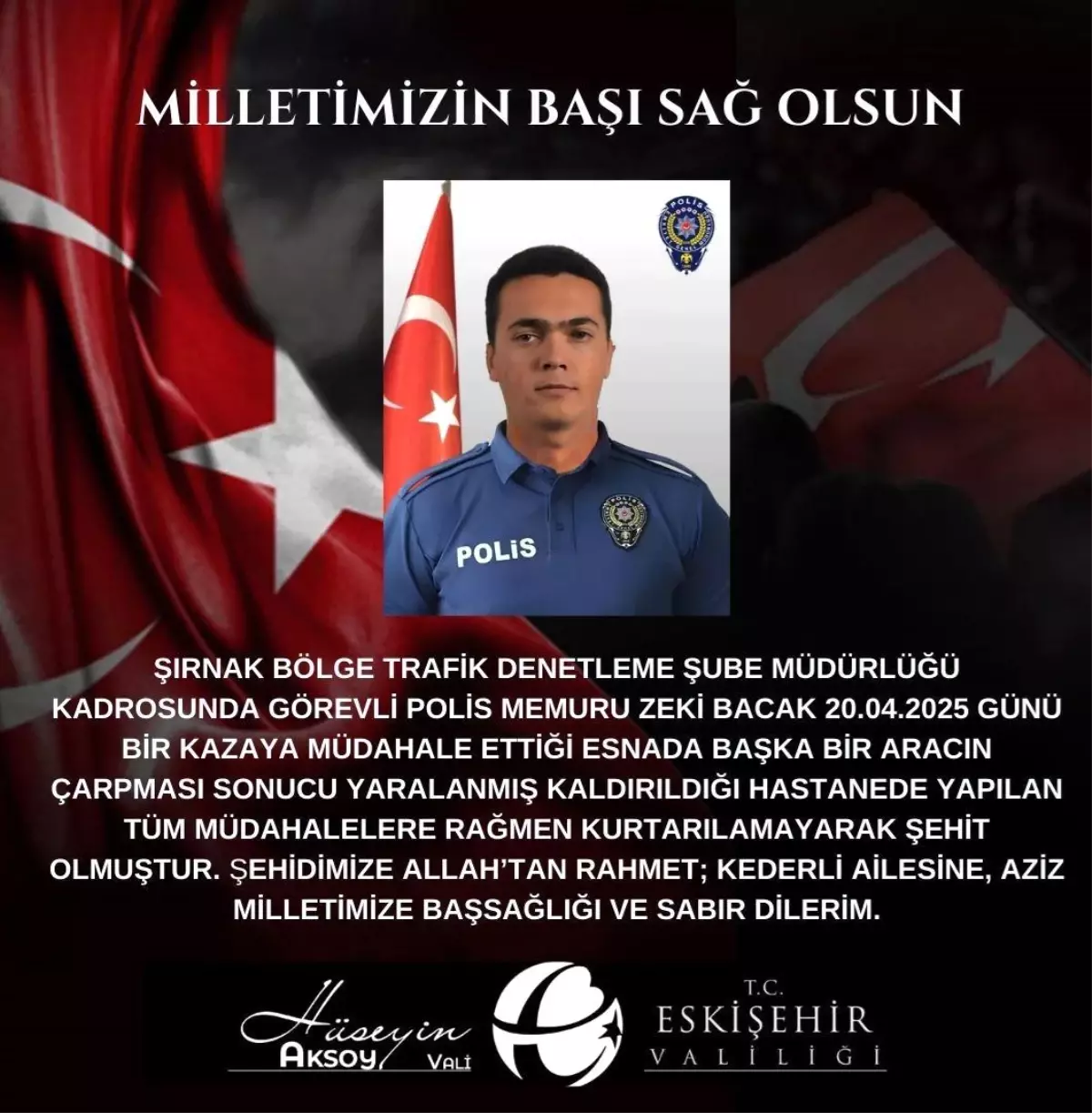Vali Aksoy'dan şehit için taziye mesajı
