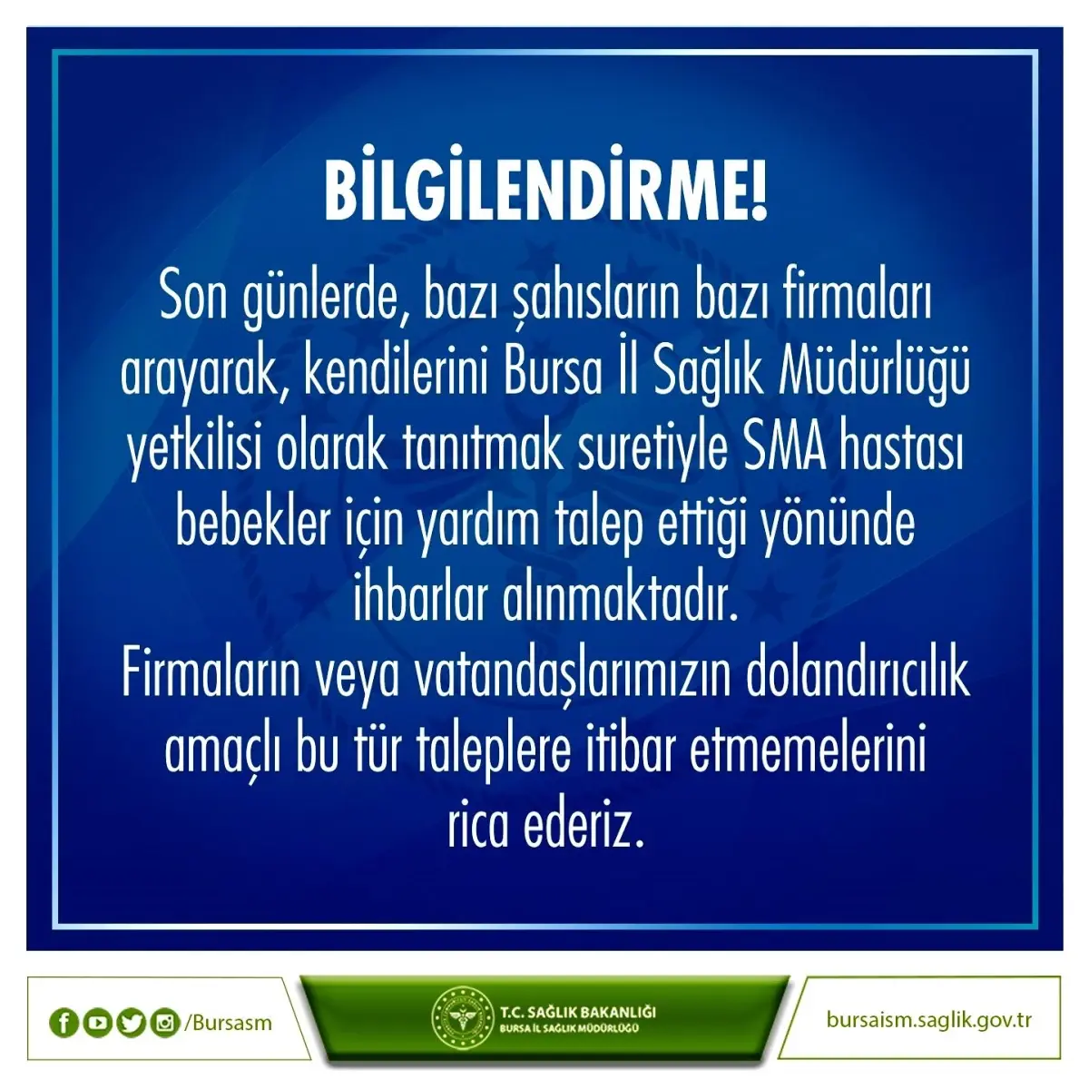 Bursa İl Sağlık Müdürlüğü'nden Dolandırıcılık Uyarısı