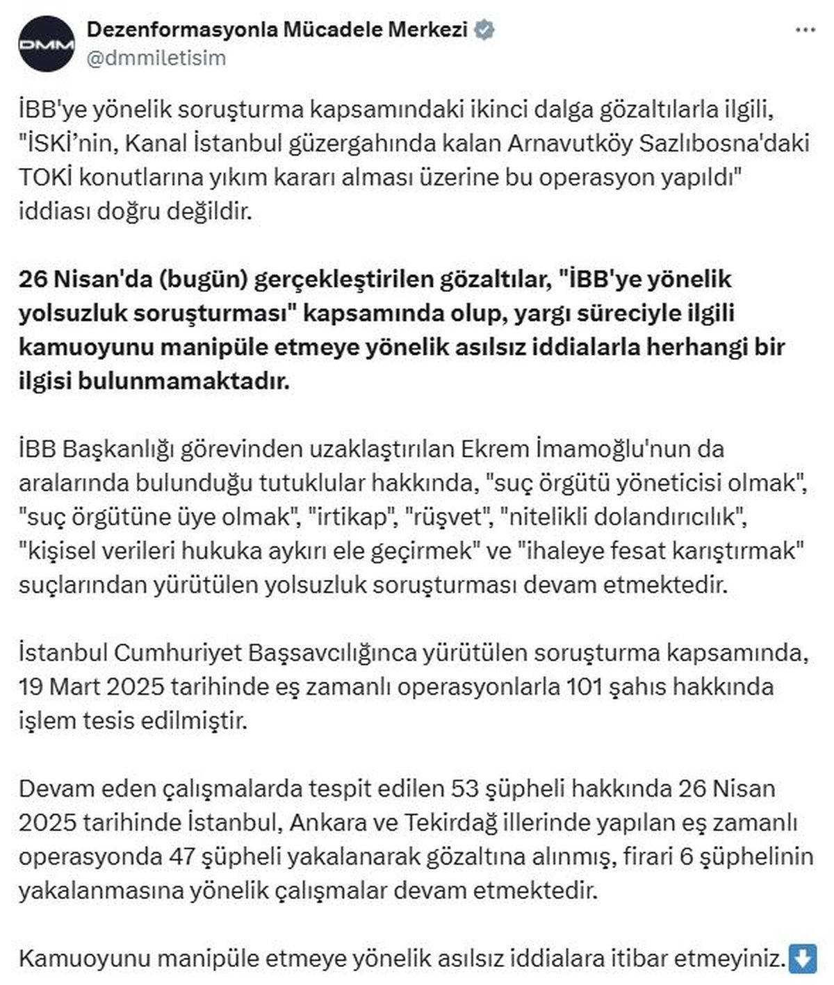 DMM'den İBB Gözaltıları Açıklaması: Asılsız İddialara İtibar Edilmeyin