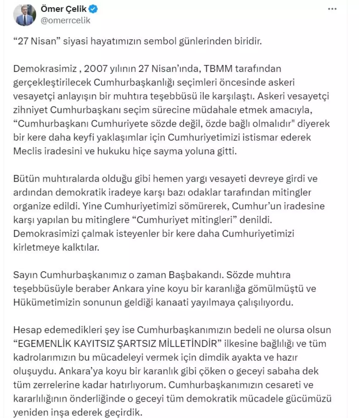 AK Parti Sözcüsü Çelik: '27 Nisan gecesi demokrasi tarihimiz yeniden yazıldı'
