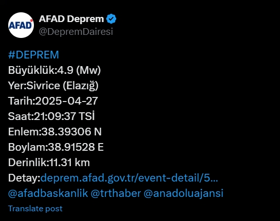 Elazığ deprem mi oldu SON DAKİKA? Elazığ deprem şiddeti kaç 27 Nisan Pazar?