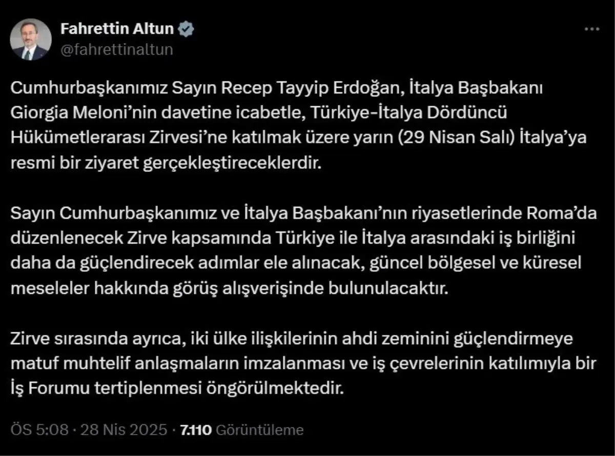 Cumhurbaşkanı Erdoğan, İtalya'ya resmi ziyaret gerçekleştirecek