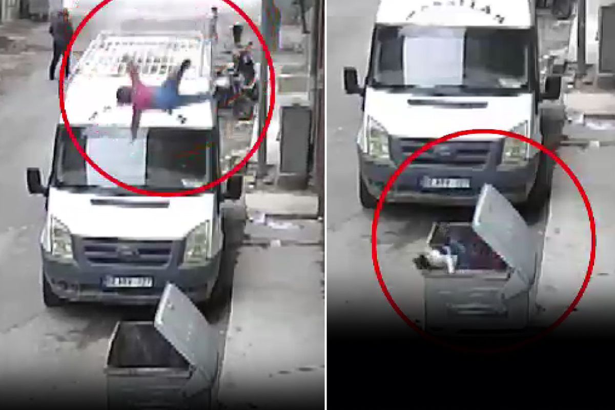 Küçük çocuk, apartmanın 2. katından çöp konteynerine düştü