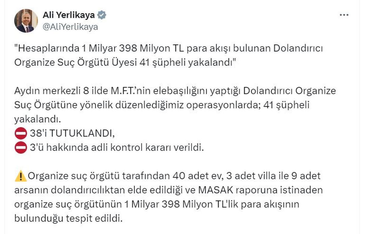 41 Şüpheli Dolandırıcı Çeteye Operasyon: 1.4 Milyar TL Para Akışı Tespit Edildi