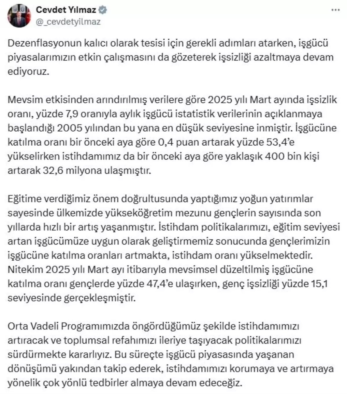Cumhurbaşkanı Yardımcısı Yılmaz'dan İstihdam Açıklaması