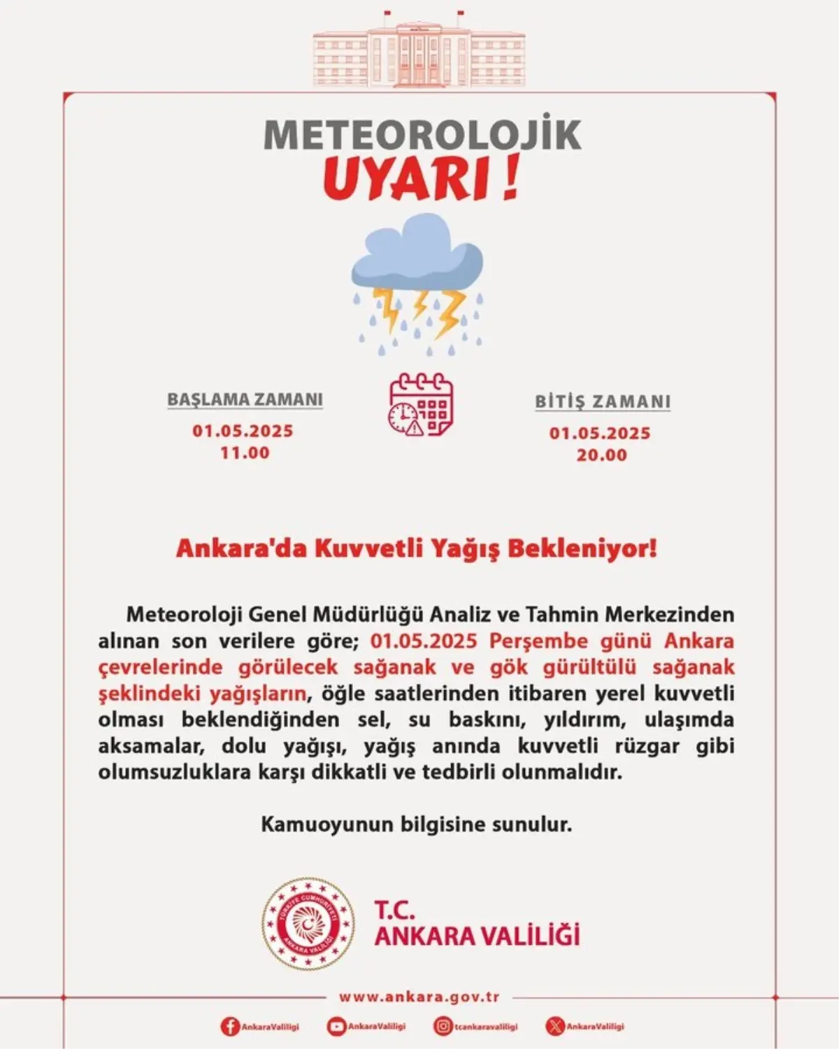 Ankara Valiliği'nden Sel ve Su Baskını Uyarısı