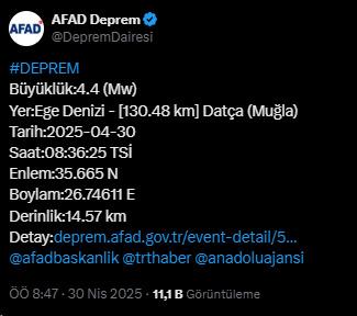 An earthquake with a magnitude of 4.4 occurred in Datça district of Muğla