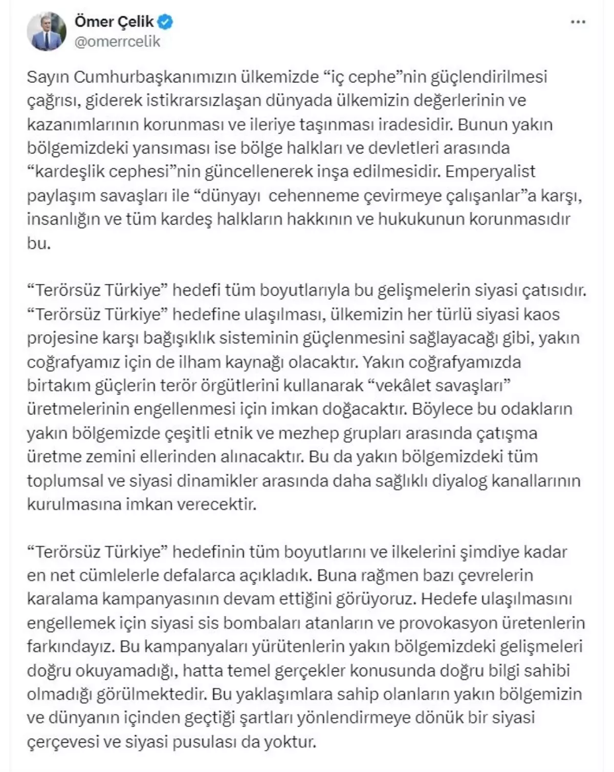 Ömer Çelik'ten 'Terörsüz Türkiye' Vurgusu