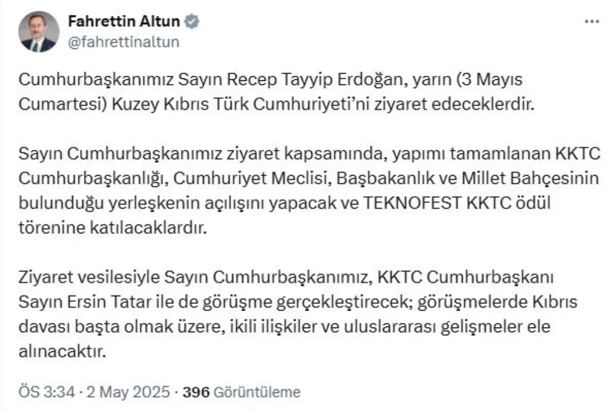 Cumhurbaşkanı Erdoğan, Yarın KKTC'yi Ziyaret Edecek