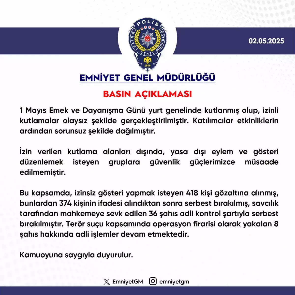 1 Mayıs'ta İzinsiz Gösteri Yapan 418 Kişi Gözaltına Alındı