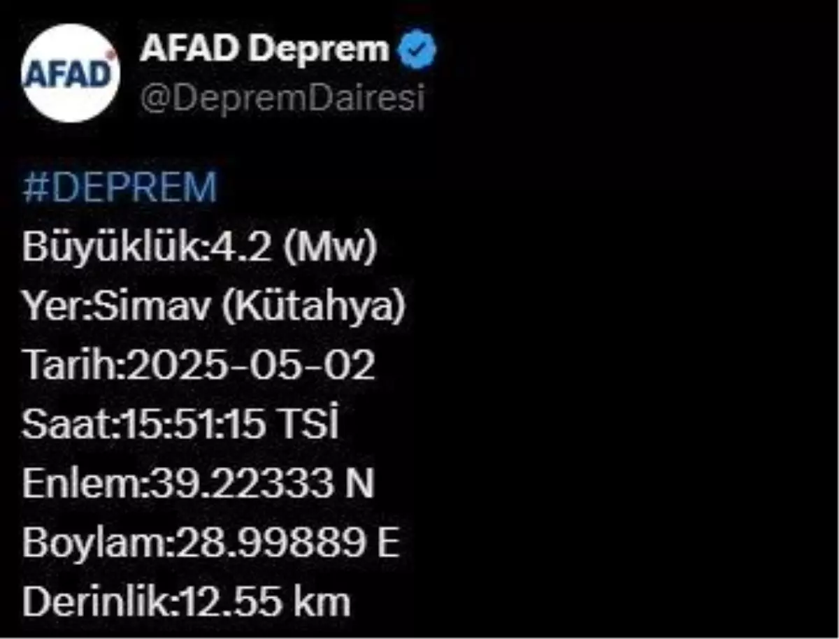 Kütahya'nın Simav İlçesinde 4,2 Büyüklüğünde Deprem
