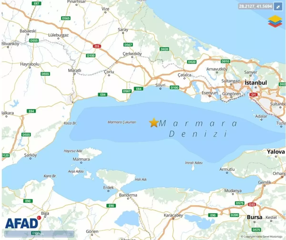 Marmara Denizi'nde 3.7 Büyüklüğünde Deprem