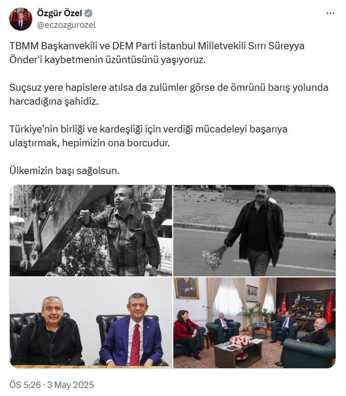 CHP Genel Başkanı Özgür Özel, Sırrı Süreyya Önder'i Anarak Üzüntüsünü Dile Getirdi