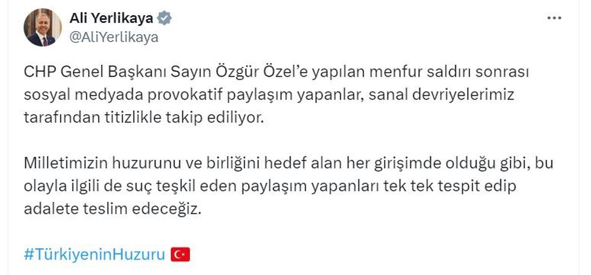 İçişleri Bakanı Yerlikaya'dan Özgür Özel'e Destek Açıklaması