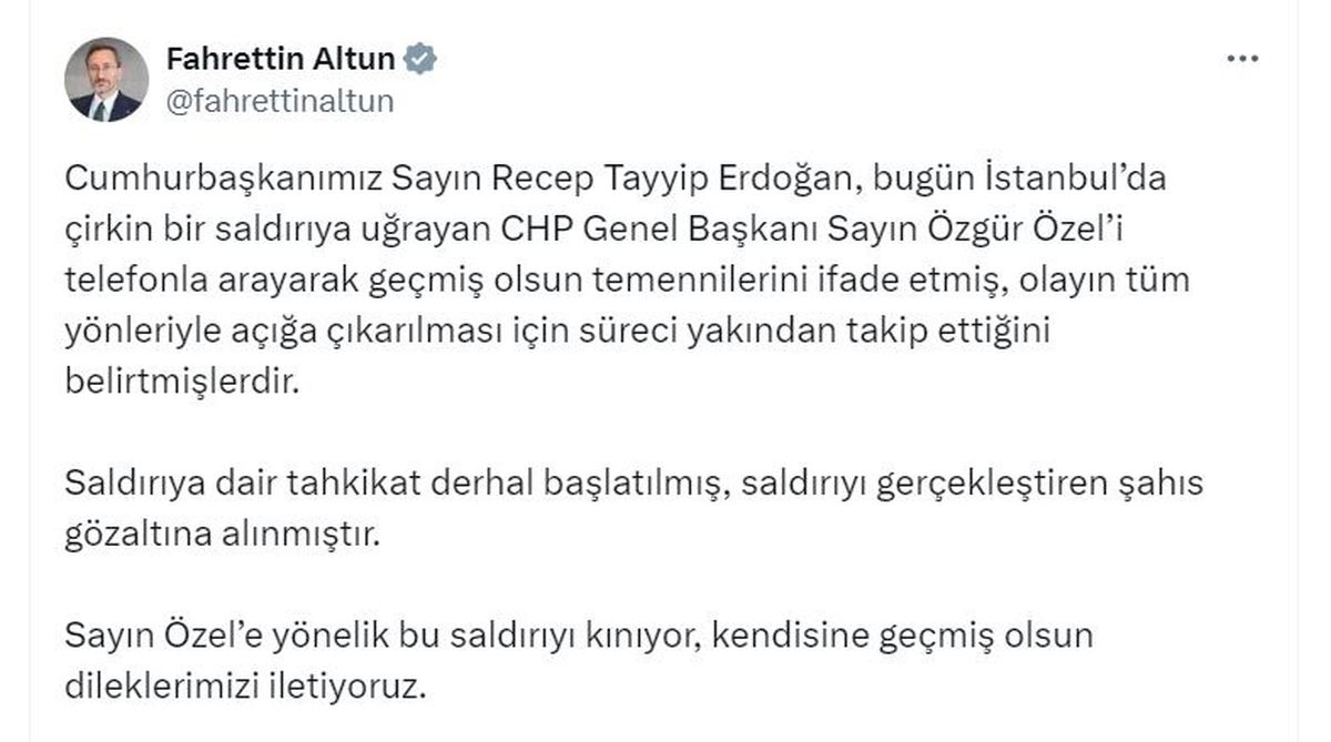 Cumhurbaşkanı Erdoğan, Özgür Özel'i telefonla arayarak geçmiş olsun dileklerini iletti