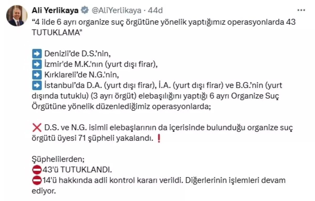 İçişleri Bakanı Yerlikaya, 6 Organize Suç Örgütüne Operasyon Düzenlendi