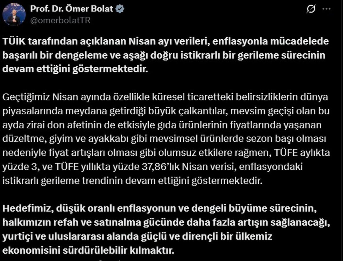 Bakan Bolat: Enflasyonda İstikrarlı Gerileme Devam Ediyor