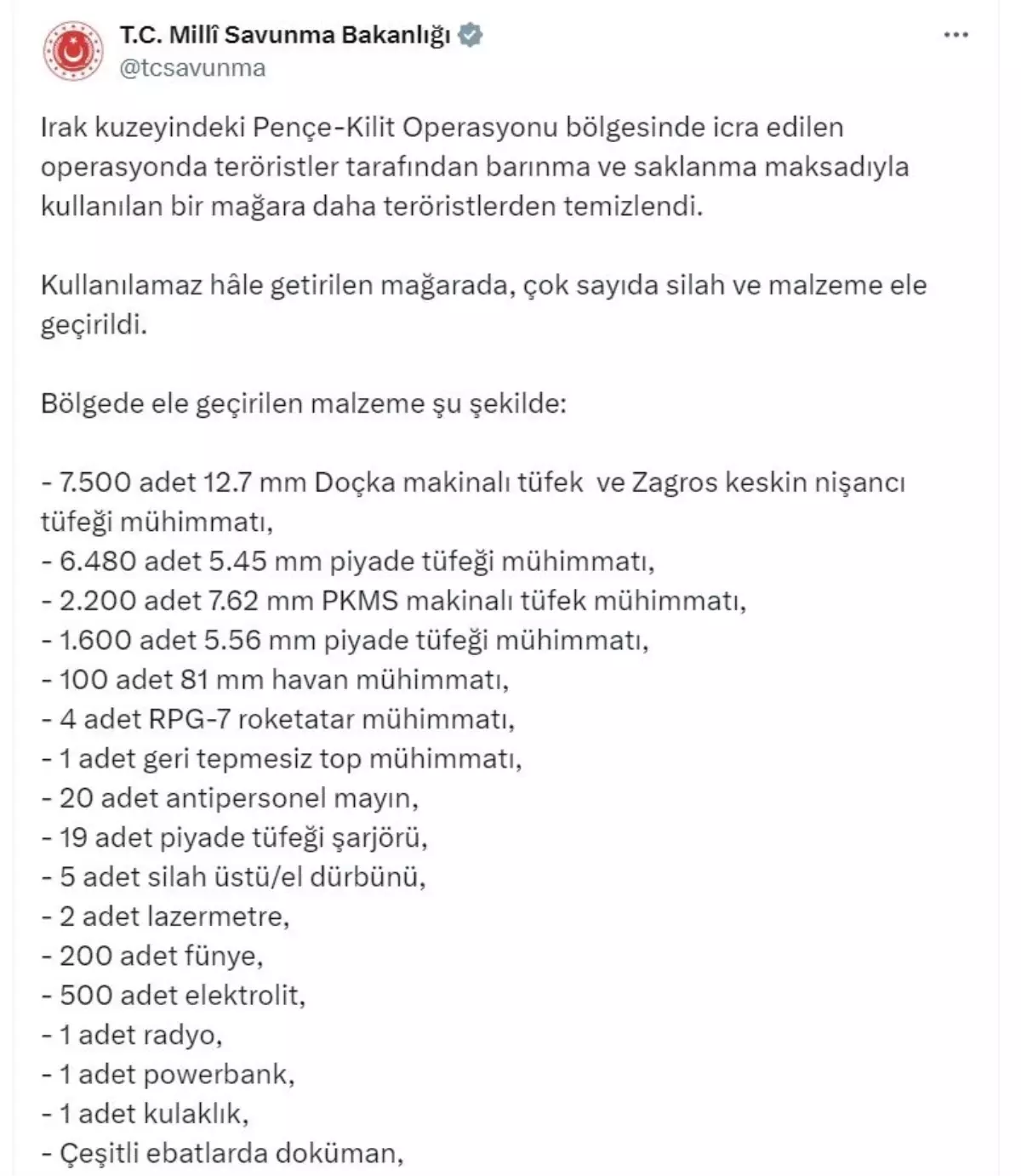 MSB, Pençe-Kilit Operasyonu'nda Teröristlere Ait Silah ve Mühimmat Ele Geçirdi