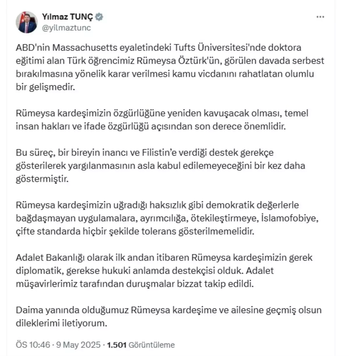 Türk Öğrencinin Serbest Bırakılması Adalet Bakanı'ndan Hoşgeldin Mesajı