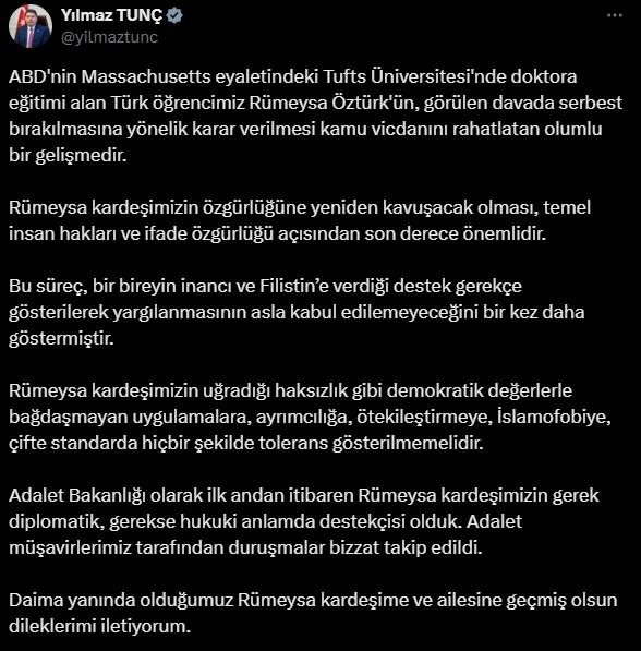 ABD'de gözaltında tutulan Türk öğrenci Rümeysa Öztürk serbest bırakıldı