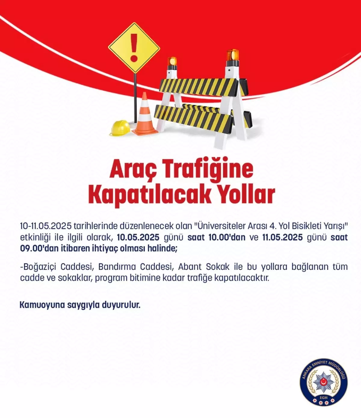 Üniversiteler Arası Bisiklet Yarışı İçin Yol Kapatmaları