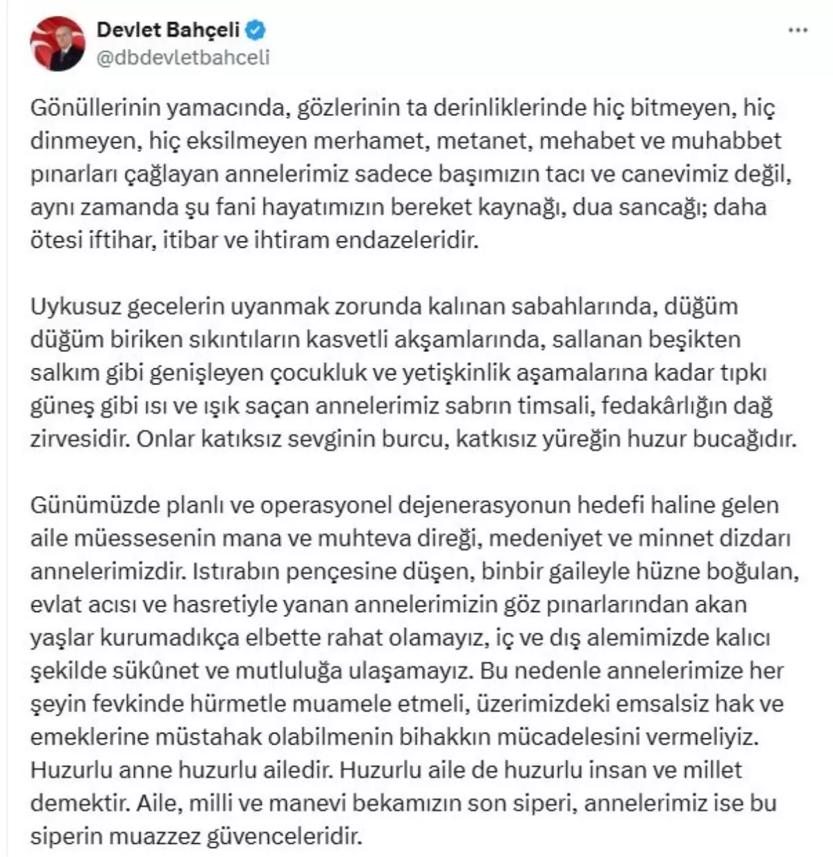 Devlet Bahçeli'den Anneler Günü mesajı: 'Huzurlu anne huzurlu ailedir'