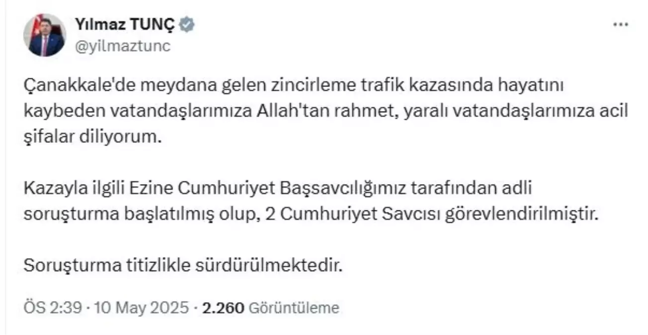 Bakan Tunç: Çanakkale'deki Trafik Kazası İçin 2 Savcı Görevlendirildi
