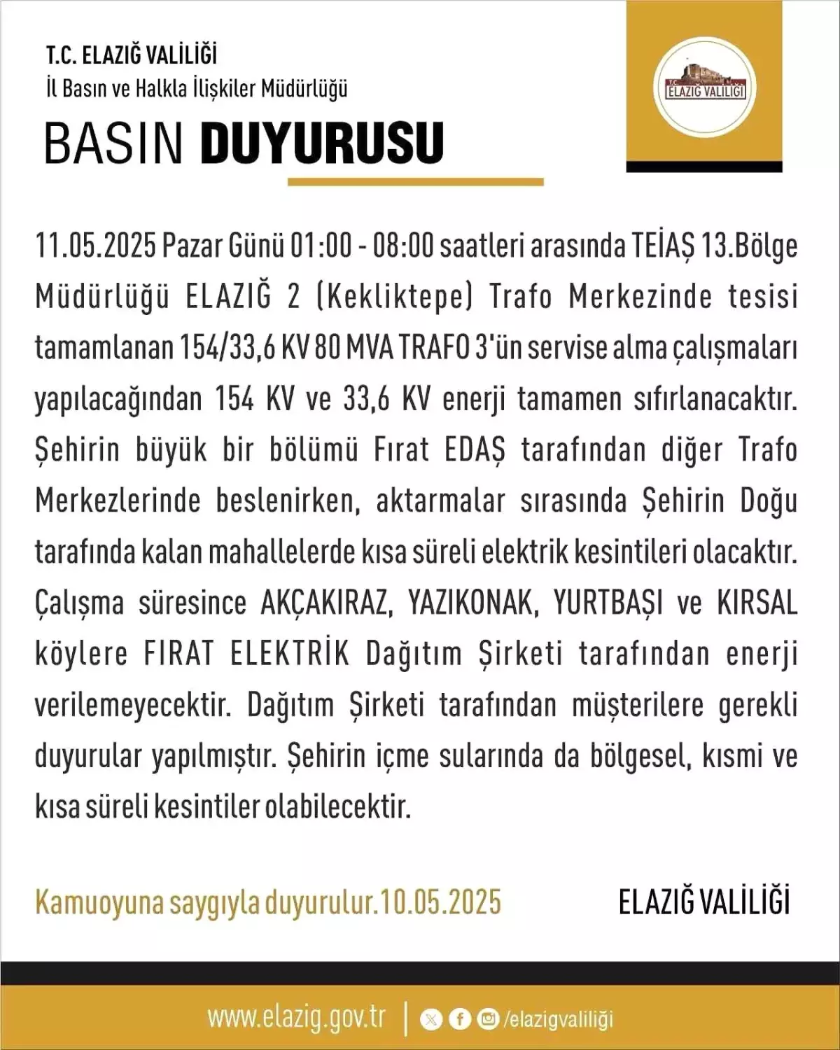 Elazığ'da Elektrik Kesintisi Bilgilendirmesi