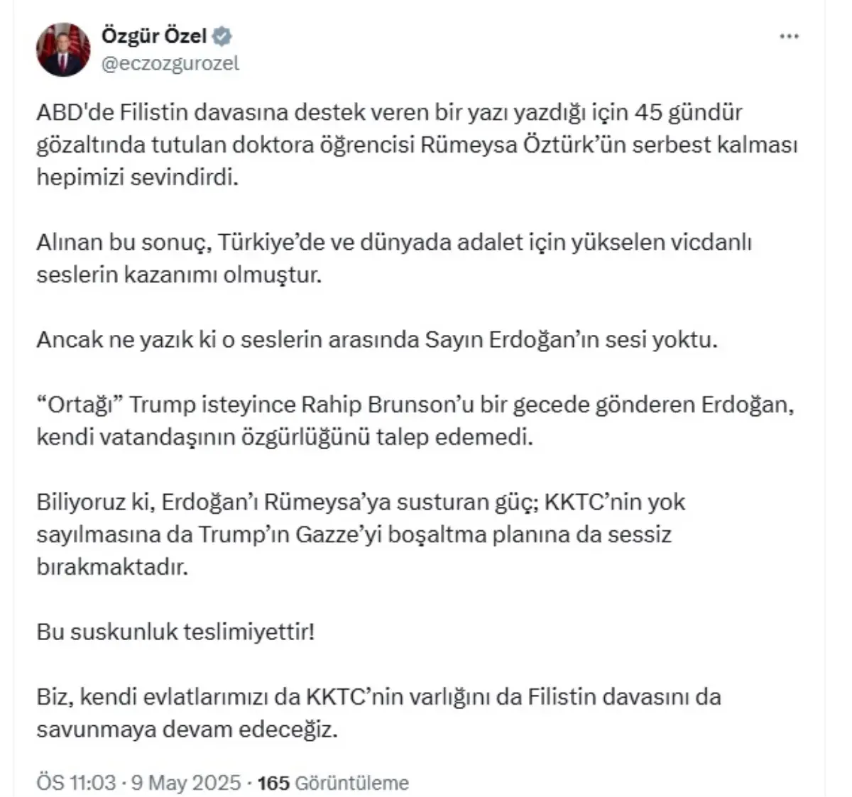 CHP Lideri Özgür Özel, Rümeysa Öztürk'ün Serbest Kalmasını Sevinçle Karşıladı