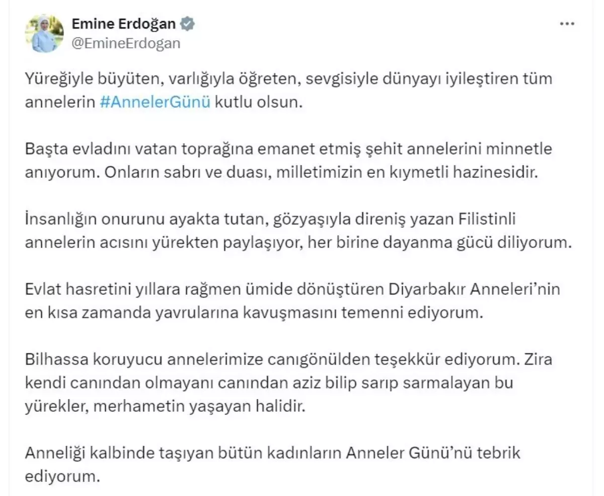 Emine Erdoğan'dan Anneler Günü mesajı: Şehit annelerini minnetle anıyorum