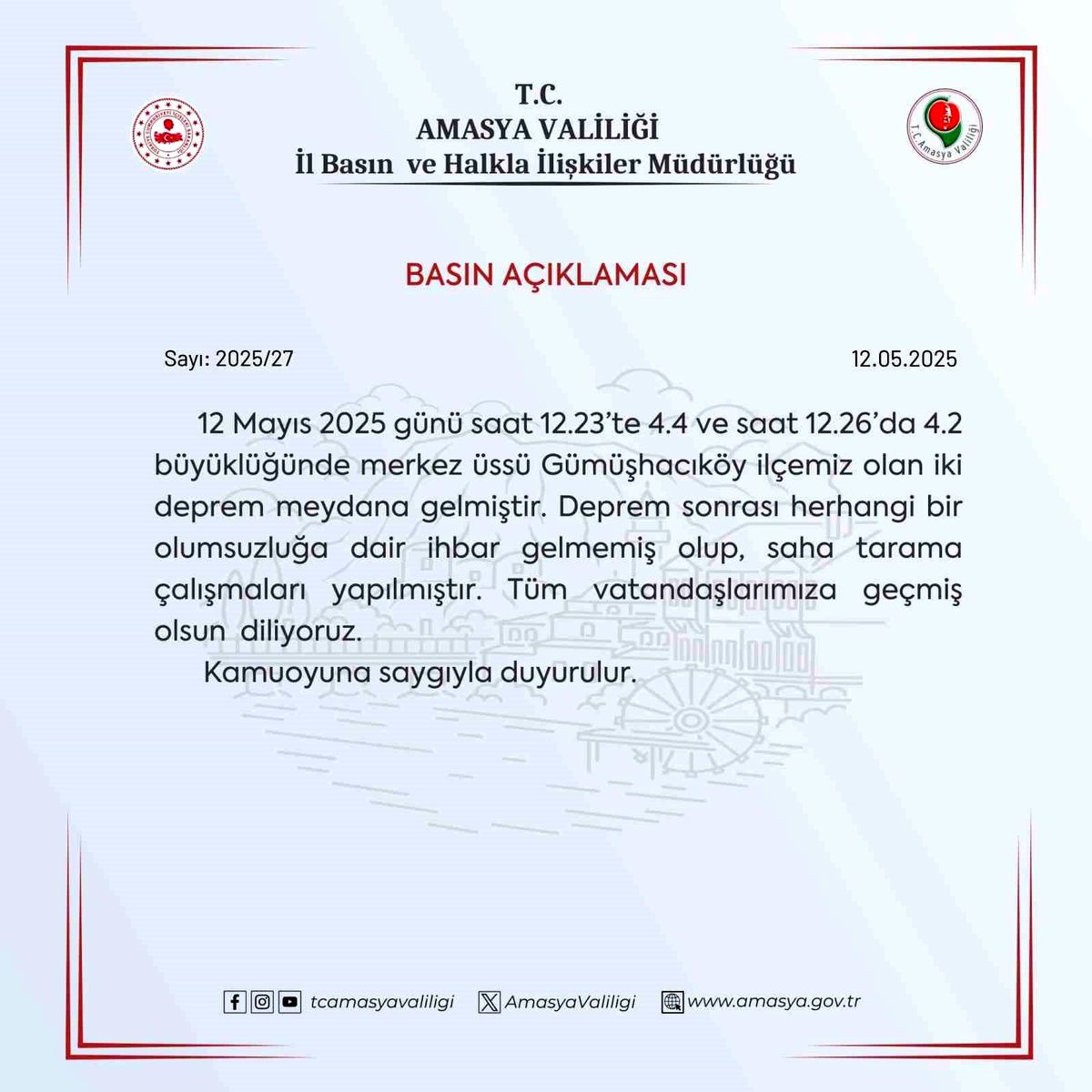 Amasya'da 4.4 ve 4.2 Büyüklüğünde İki Deprem