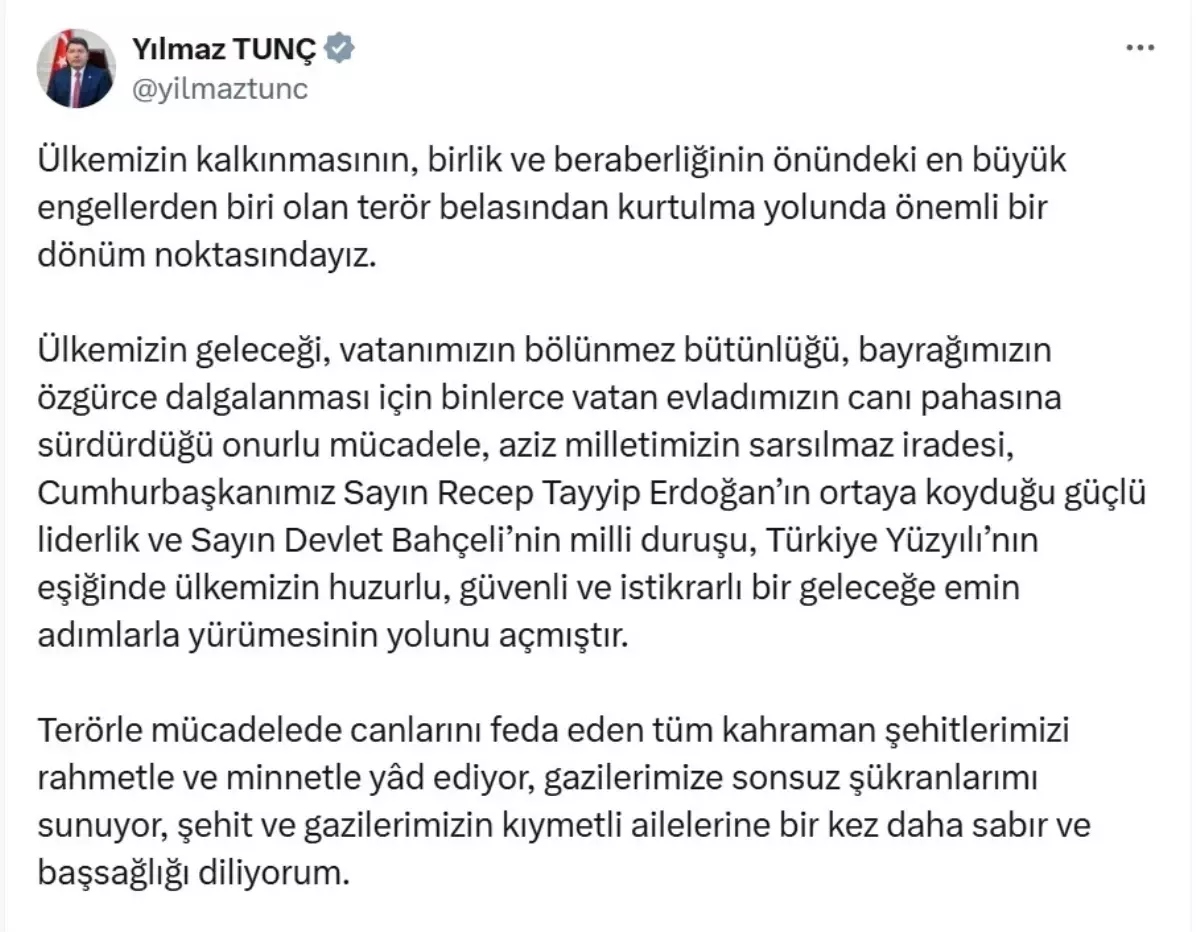 Adalet Bakanı Tunç: 'Ülkemiz terörün karanlığını ardında bırakacak'