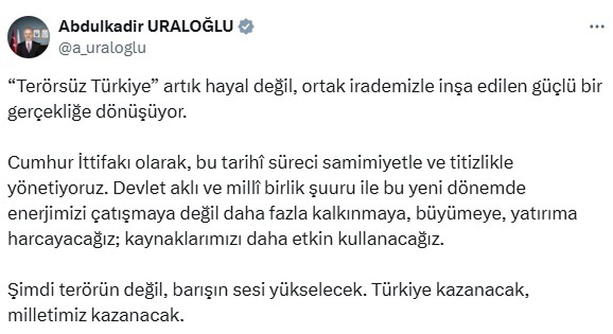 Bakan Uraloğlu'ndan Barış Mesajı: 'Türkiye Kazanacak'