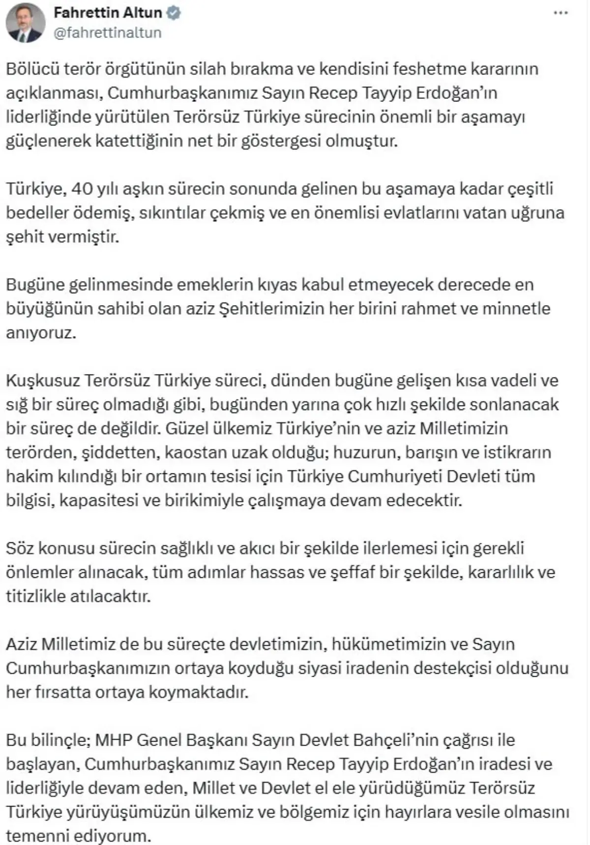 İletişim Başkanı Fahrettin Altun: 'Terörsüz Türkiye süreci önemli bir aşamayı güçlenerek katetti'
