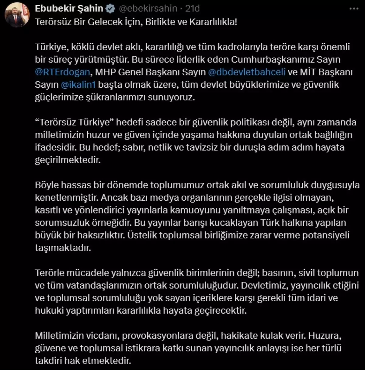 RTÜK Başkanı Şahin: 'Terör örgütü PKK'nın fesih kararına ilişkin yanıltıcı yayınlar sorumsuzluktur'