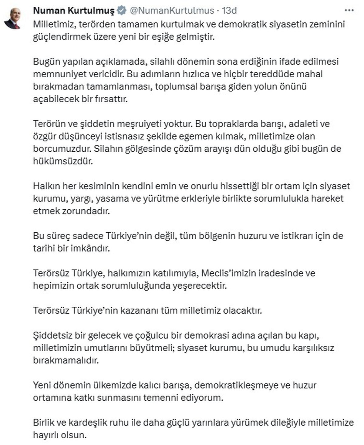 TBMM Başkanı Kurtulmuş'tan Terörsüz Türkiye Vurgusu