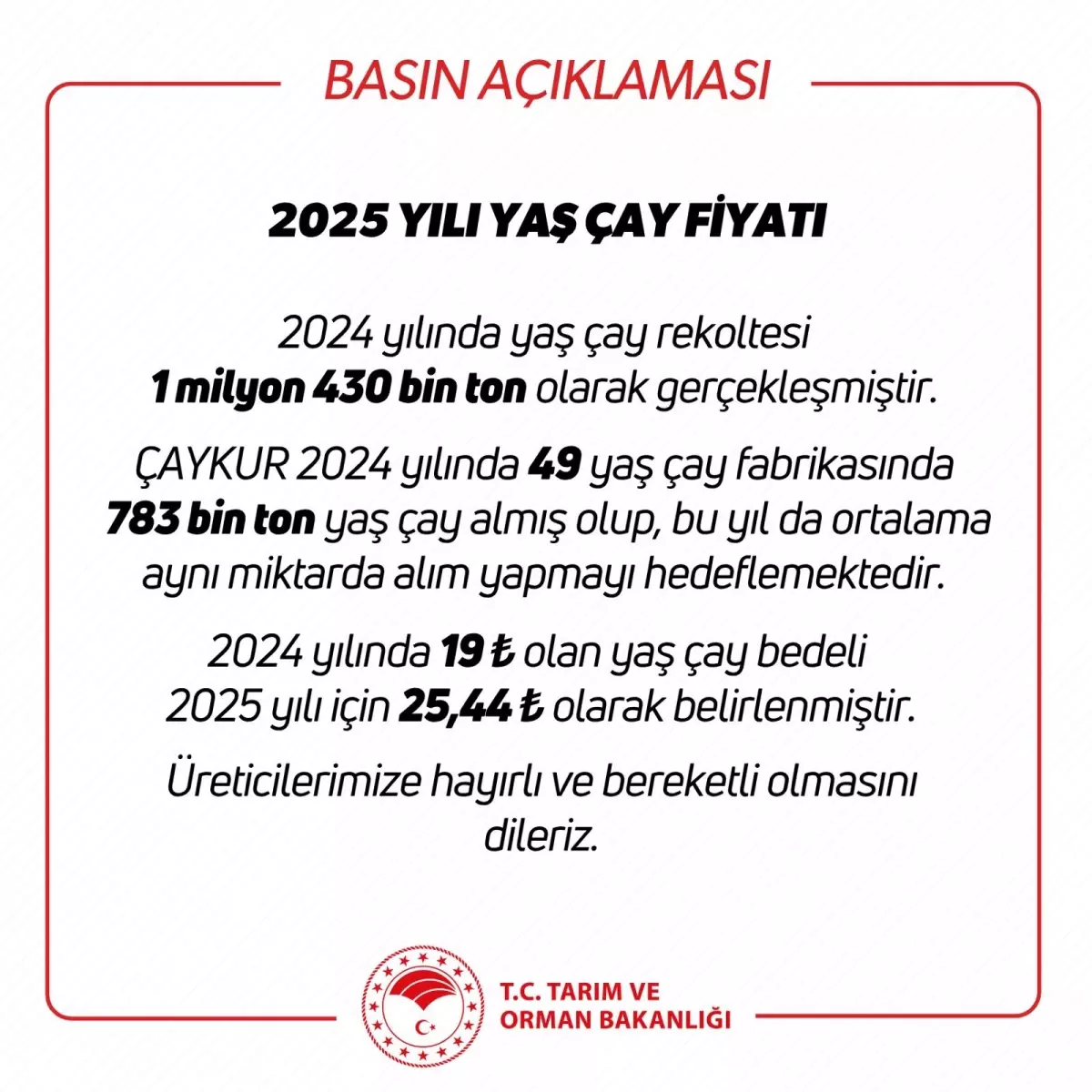 2025 Yaş Çay Alım Fiyatı 25,44 Lira Olarak Belirlendi