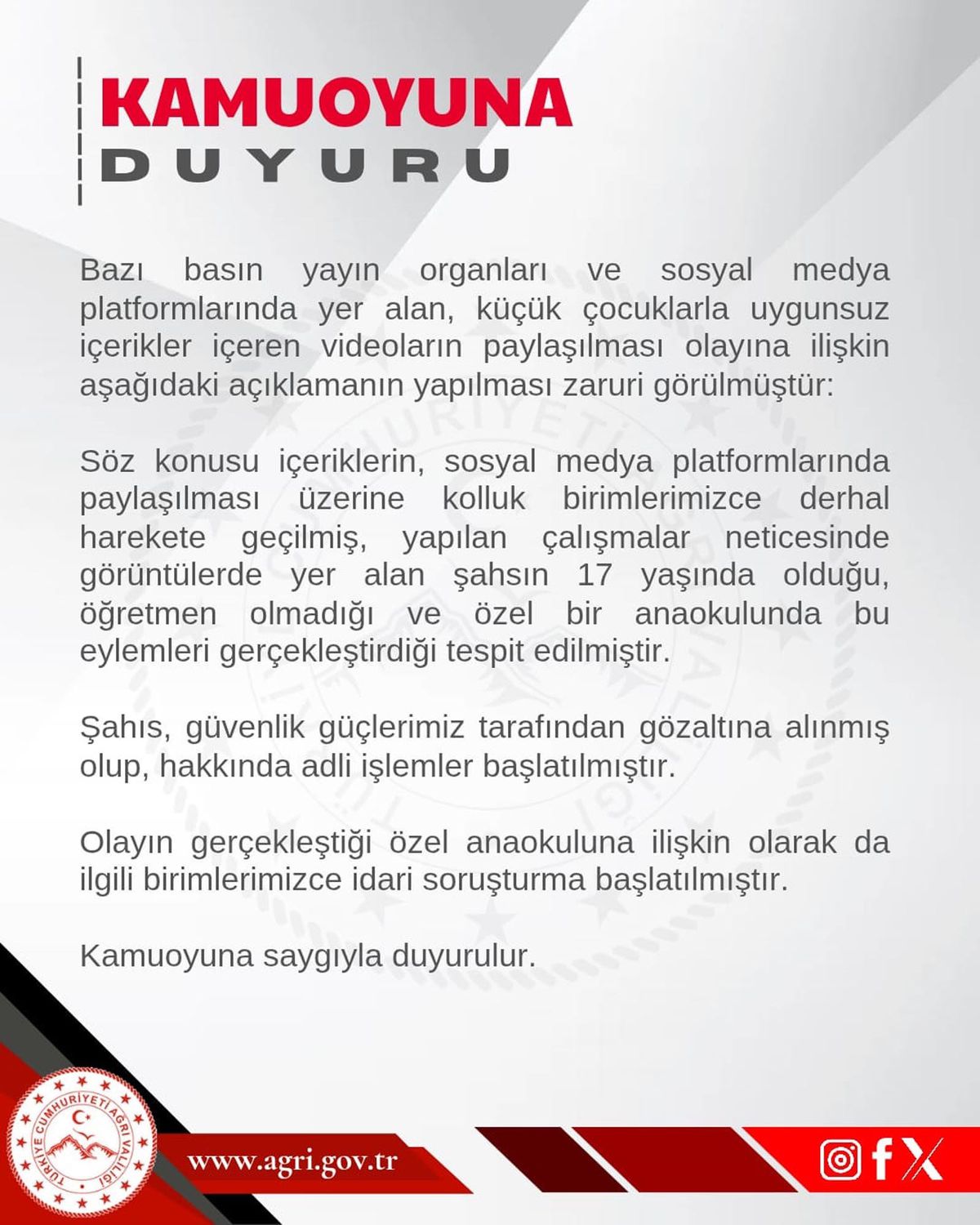 Ağrı'da Anaokulunda Uygunsuz İçerik Skandalı: 17 Yaşındaki Kız Gözaltına Alındı