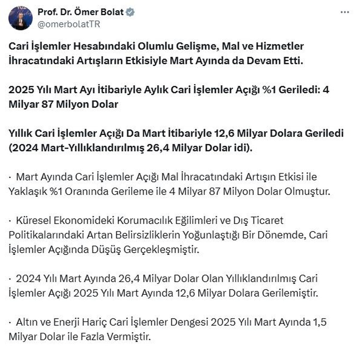 Cari İşlemler Açığı 2025'te Yükseliş Gösterse de GSYH İçindeki Payı Düşük Kalacak