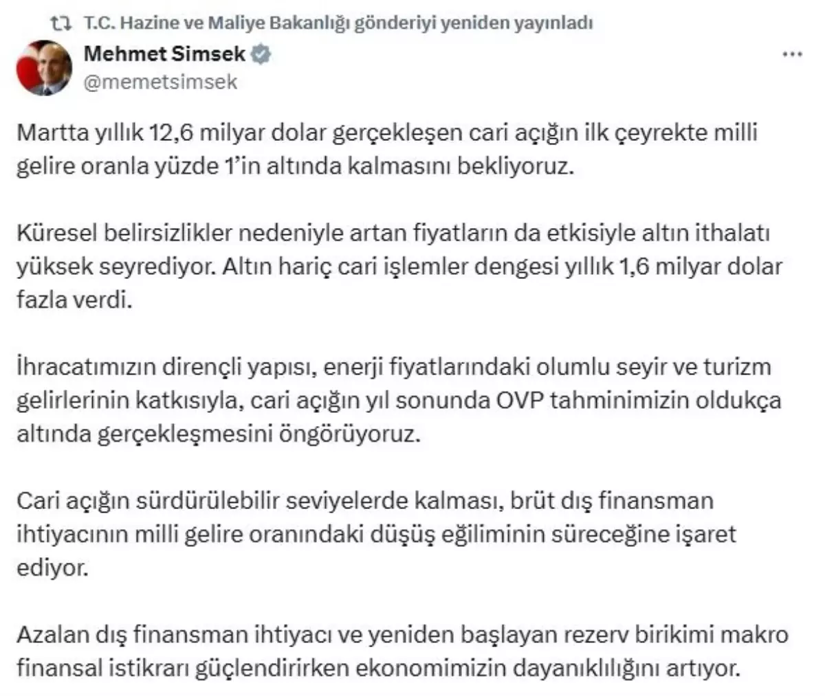 Bakan Şimşek: Cari Açık Yıl Sonunda Tahminlerin Altında Gerçekleşecek