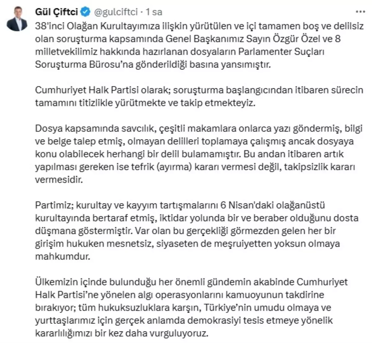 CHP Genel Başkan Yardımcısı Gül Çiftçi'den Kurultay Soruşturmasına Yanıt