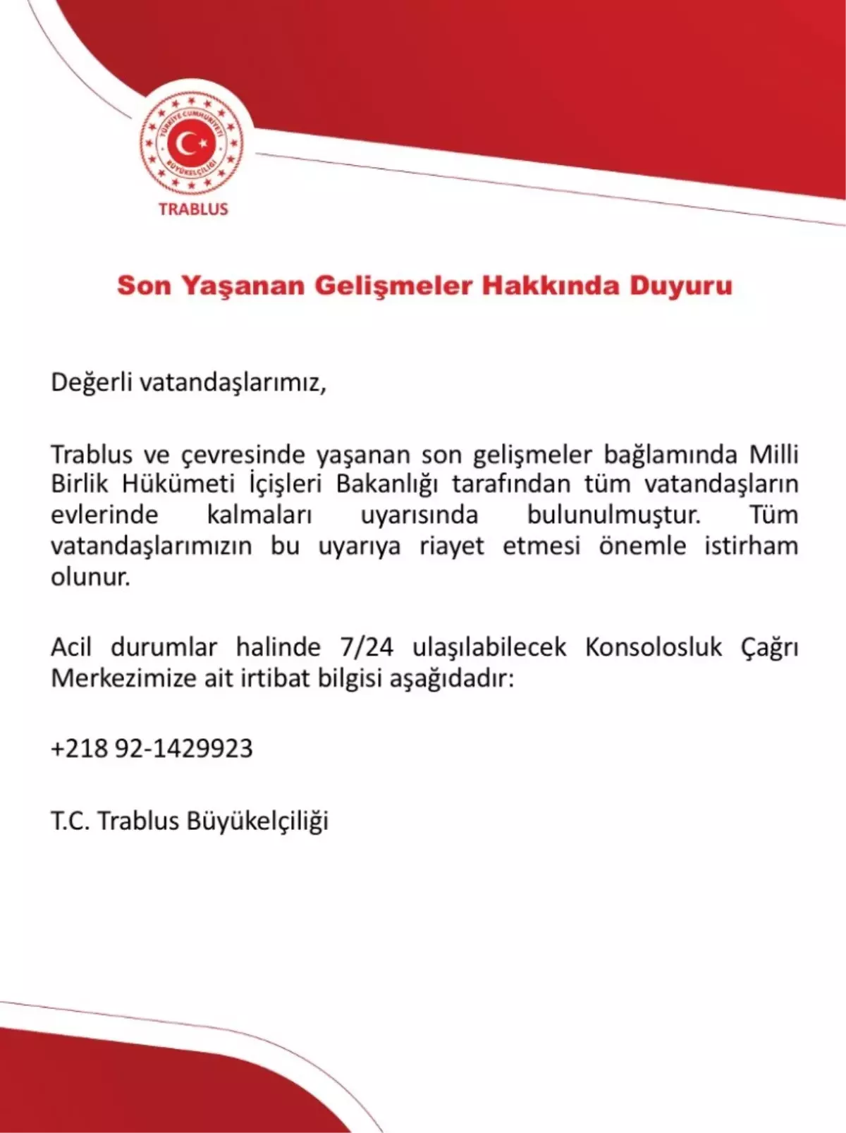 Türkiye'nin Trablus Büyükelçiliği'nden Evde Kal Uyarısı