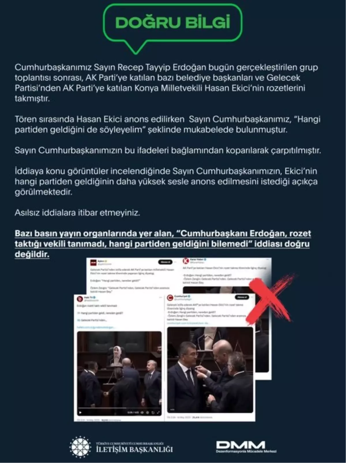 Cumhurbaşkanlığı İletişim Başkanlığı: 'Erdoğan, rozet taktığı vekili tanımadı iddiası doğru değil'